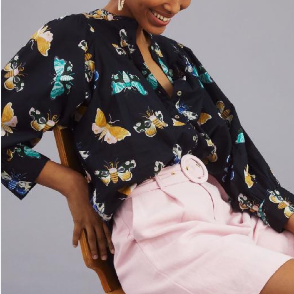 Anthropologie Black Butterfly Print Blouse